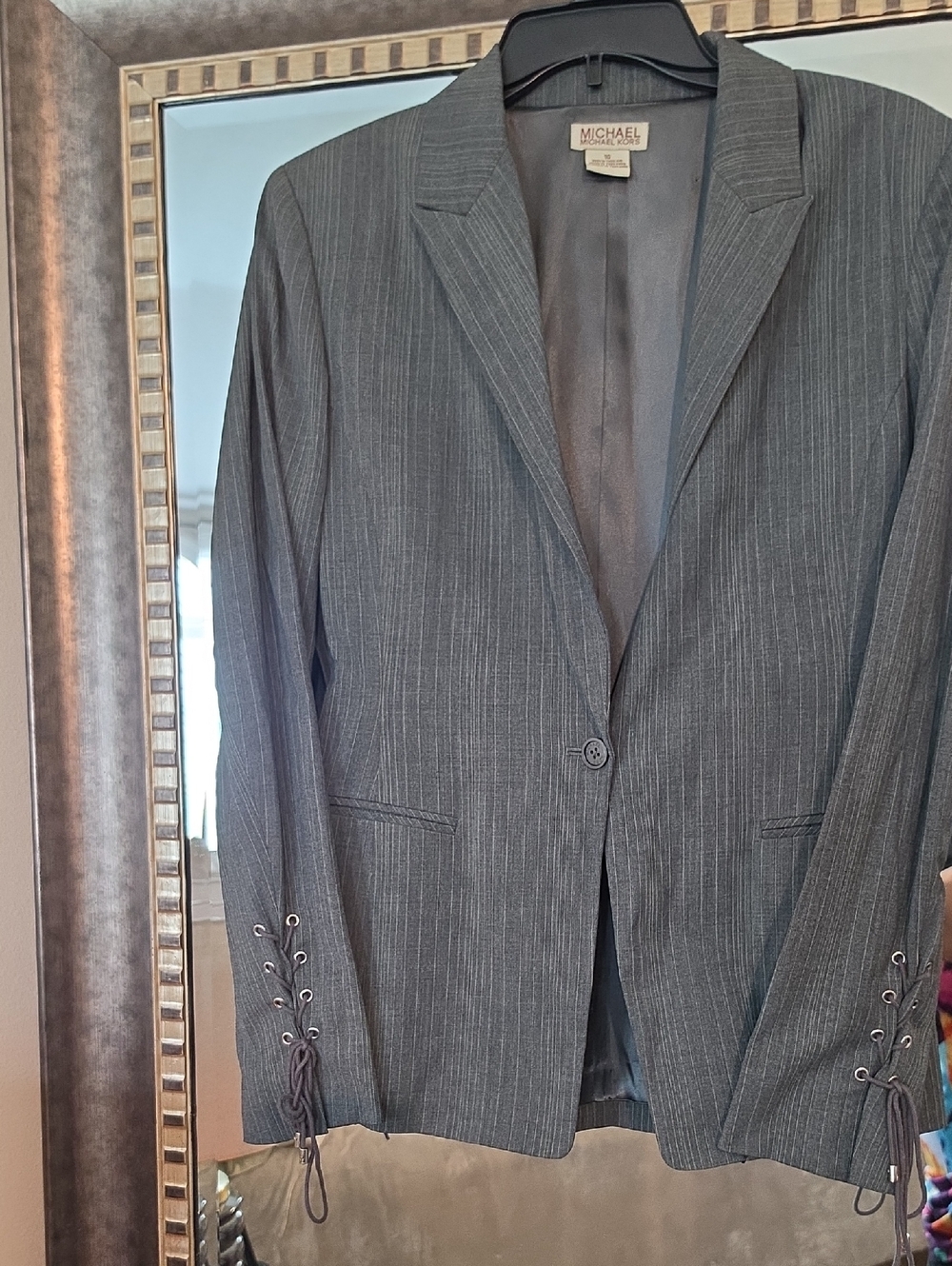 Michael Kors Charcoal Pinstripe Blazer with Lace-Up Cuffs
